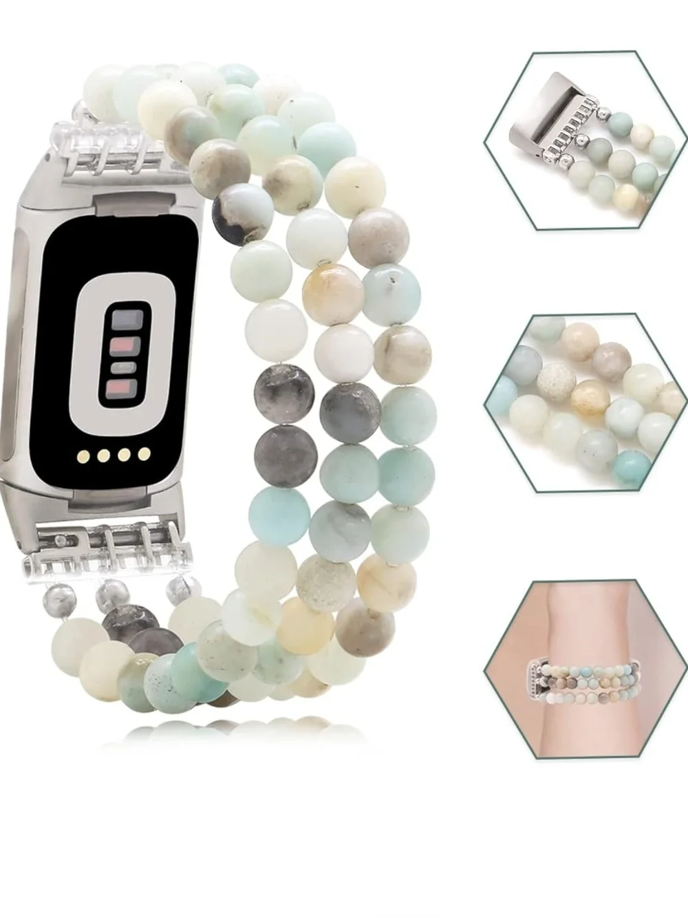 Fitbit Amazonite Beaded Replacement Band in Pastel Multi Tones STAINLESS STEEL